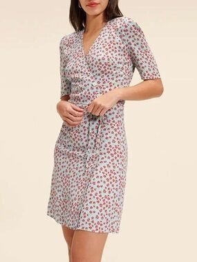 ROUJE Blue & Red Floral Printed Puff Sleeve Gabinette Mini Wrap Dress 40 6/8